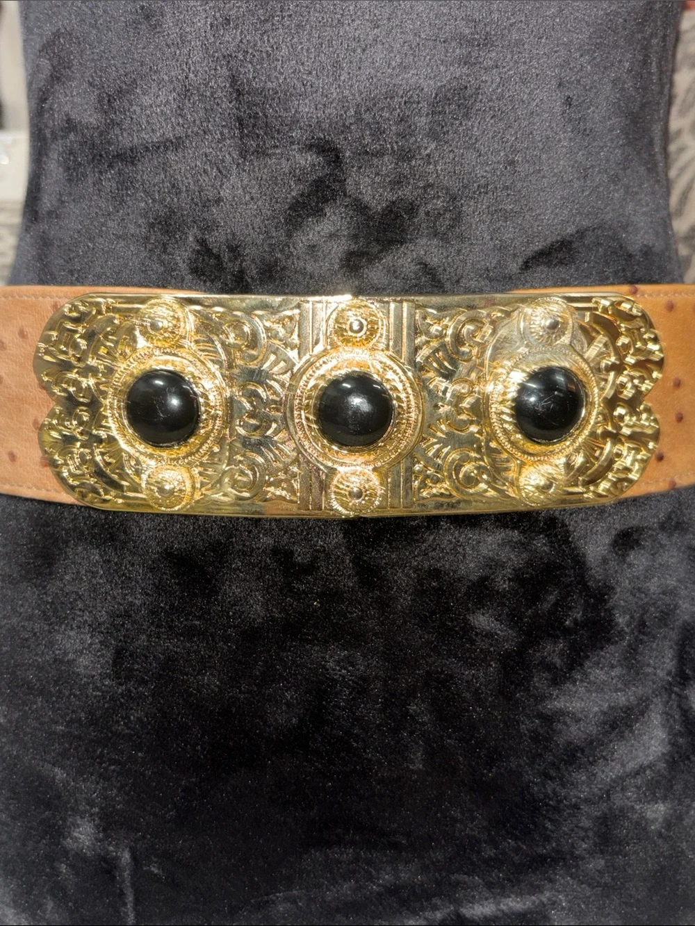 Vintage maximalist belt faux ostrich gold tone gladiator buckle leather belt